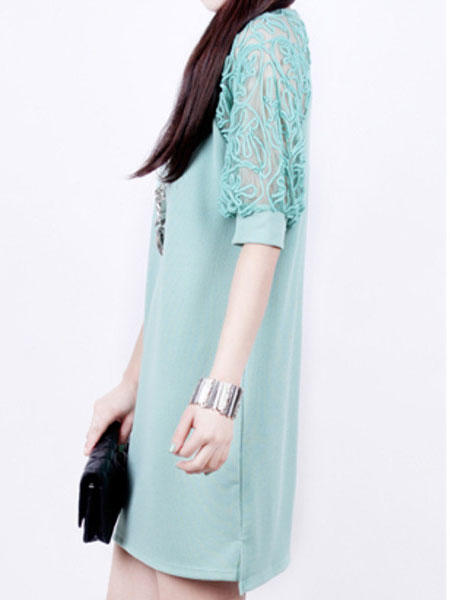 Fashion Women Summer Maxi Loose Lace Short Sleeve Round Neck Dre