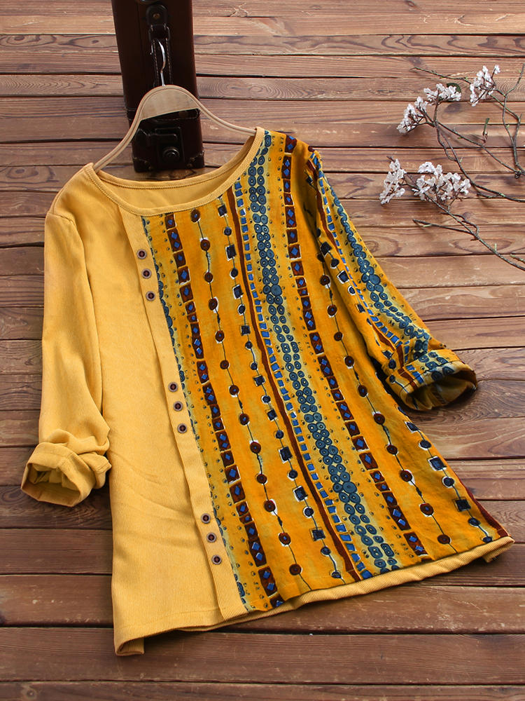 Bohemian Pint Patchwork Long Sleeve O-neck Button Blouse