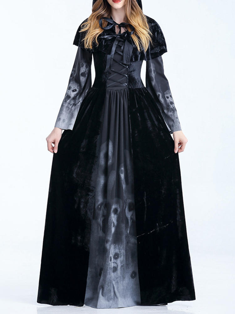 Halloween Women Costume Vampire Cosplay Hooded Party Maxi Dress