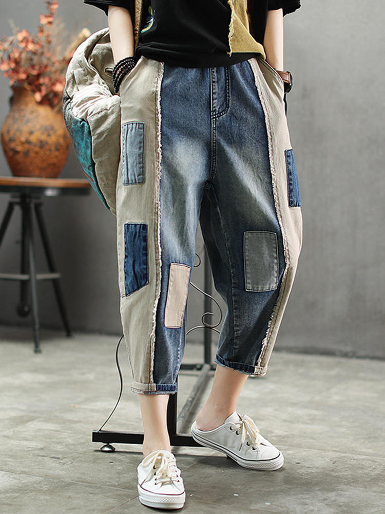 Contrast Color Patchwork Patch Casual Jeans