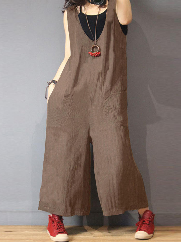 Women Sleeveless V Neck Wide Leg Jumpsuit Overalls