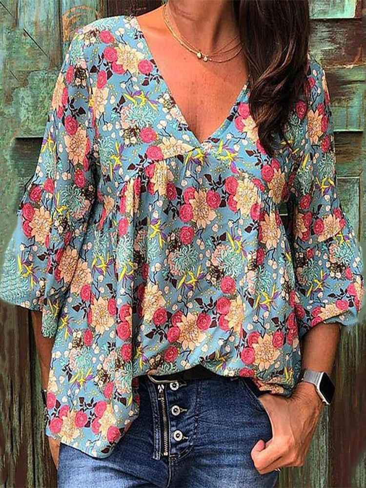 Bohemian Floral Print V-neck Plus Size Blouse