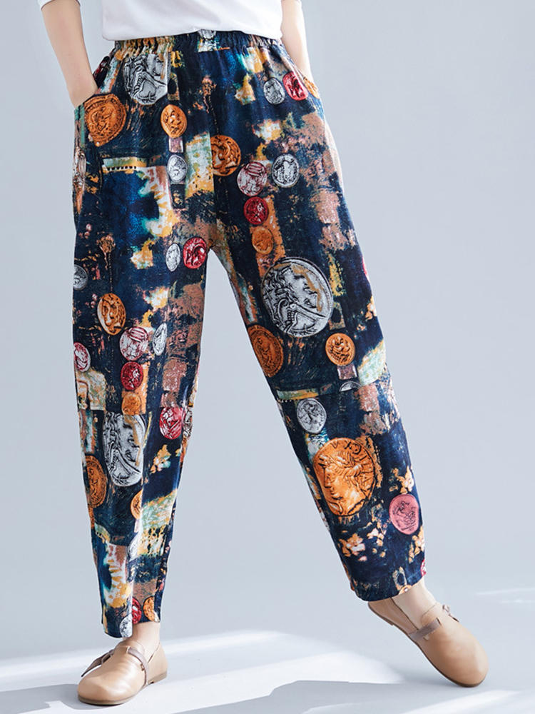Vintage Women Printed Elastic Waist Trousers Pants