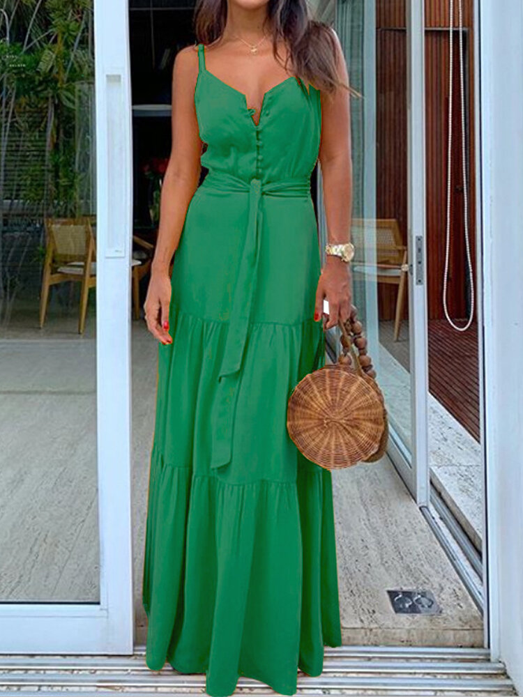 Pure Color Straps Sleeveless Belt Button Maxi Dress