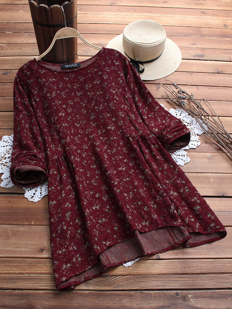 Retro Floral Print O-neck Long Sleeve Blouse