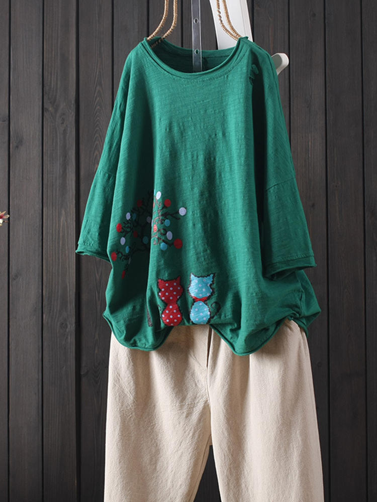 Women Casual Cotton Linen Crew Neck T-Shirts
