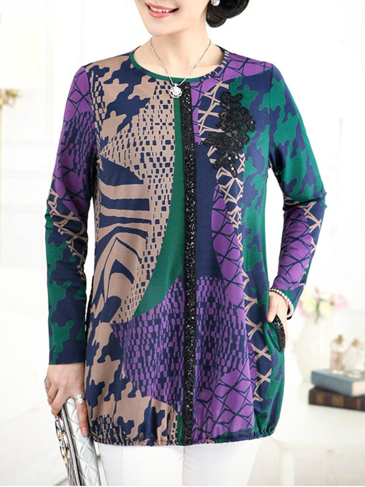 Autumn Winter Women Floral Print O-neck Loose Blouses