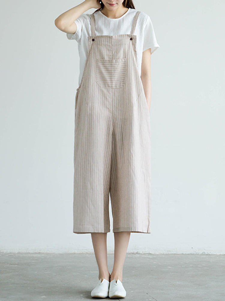 Women Stripe Loose Pockets Wide Leg Jumpsuit