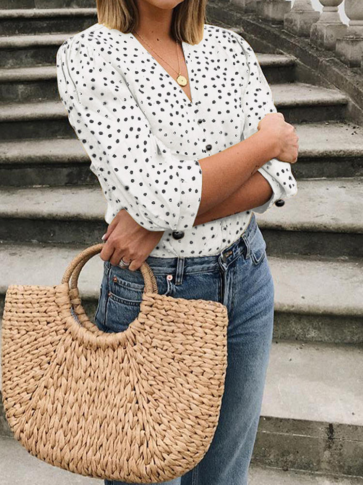 Women Casual Polka Dot Print V-neck Button 3/4 Sleeve Blouse