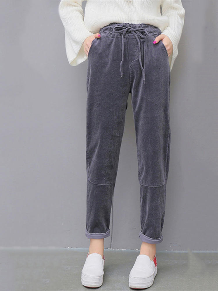 Casual Women Pure Color Corduroy Drawstring Waist Harem Pants