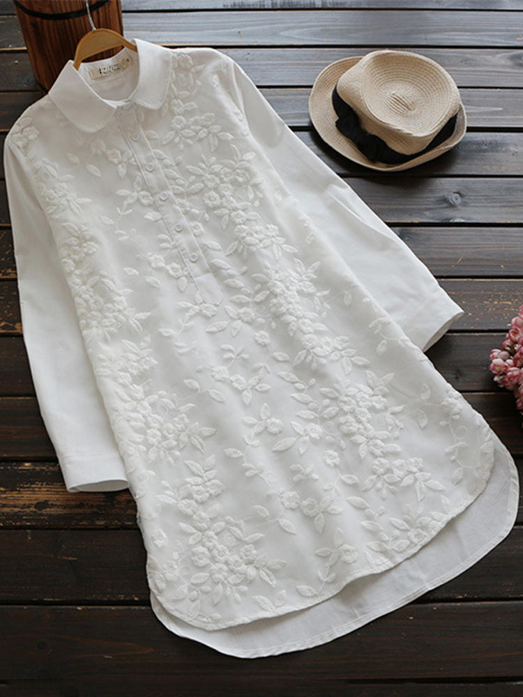 Vintage Floral Embroidery Lapel 3/4 Sleeve Blouse