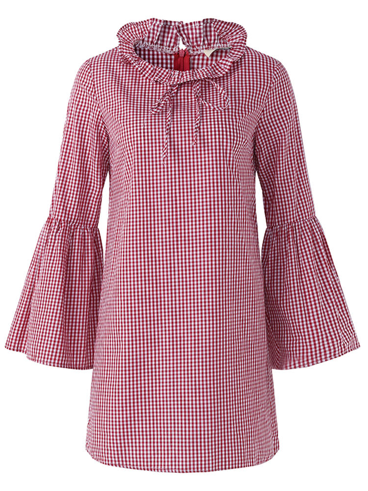 Women Casual Plaid Flare Sleeve Shirt Mini Dresses