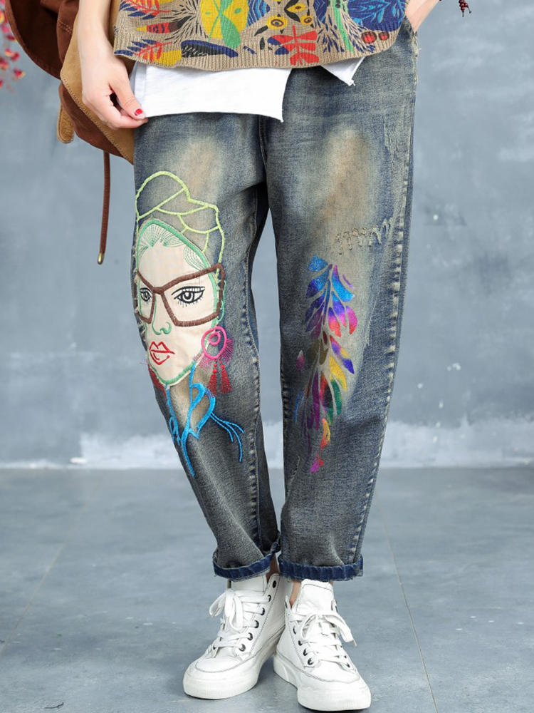 Cartoon Embroidered Elastic Waist Ripped Jeans For Women