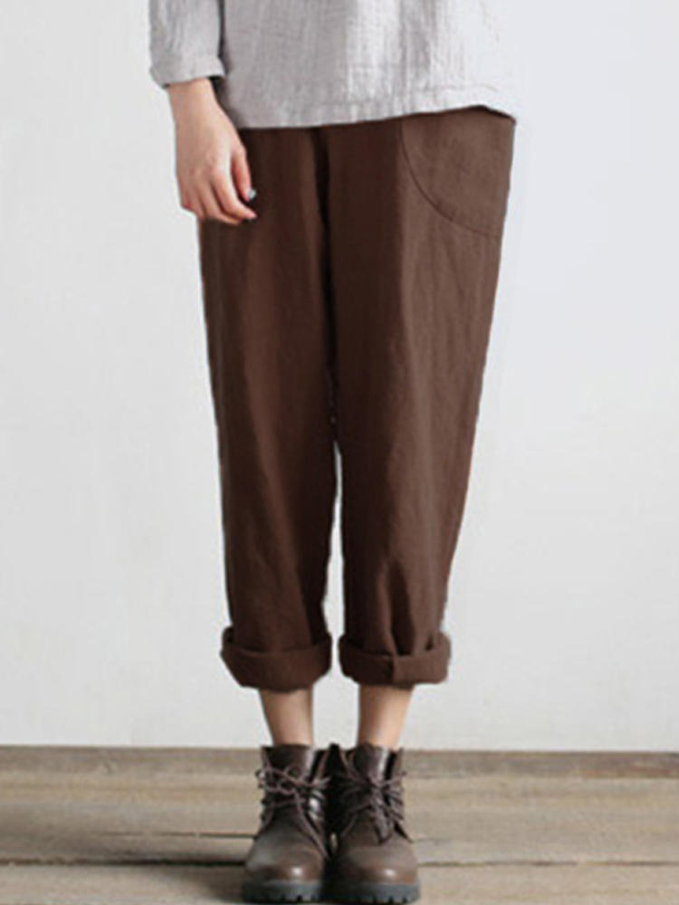 Women Cotton Harem Pants Casual Pockets Loose Baggy Trousers