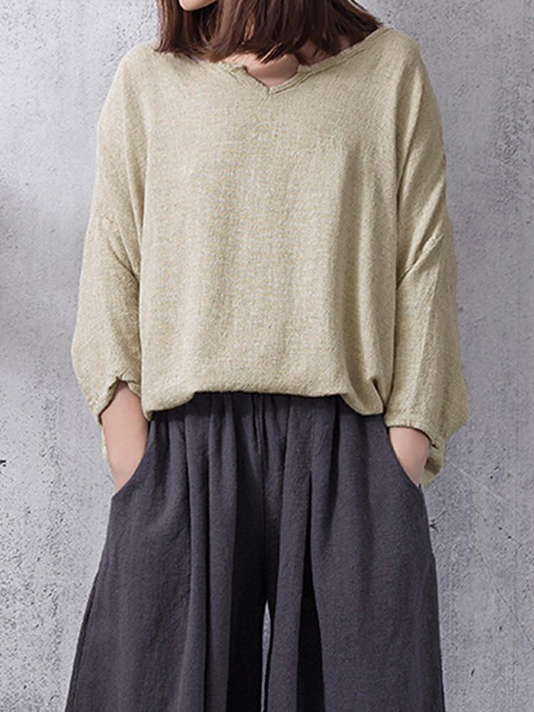 Casual Women V-Neck 3/4 Sleeve Solid Color Baggy Shirts