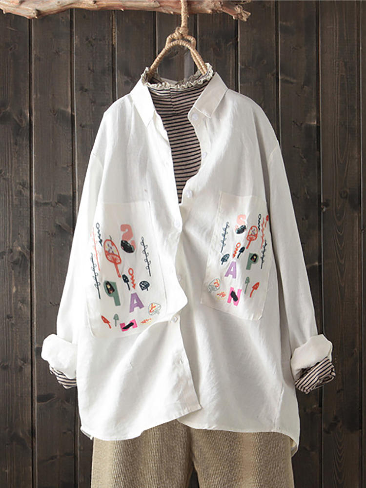 Women Casual Loose Collared Cotton Blouse Floral Embroidery Shir