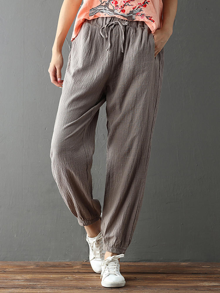 Casual Solid Color Drawstring Waist Pocket Women Pants
