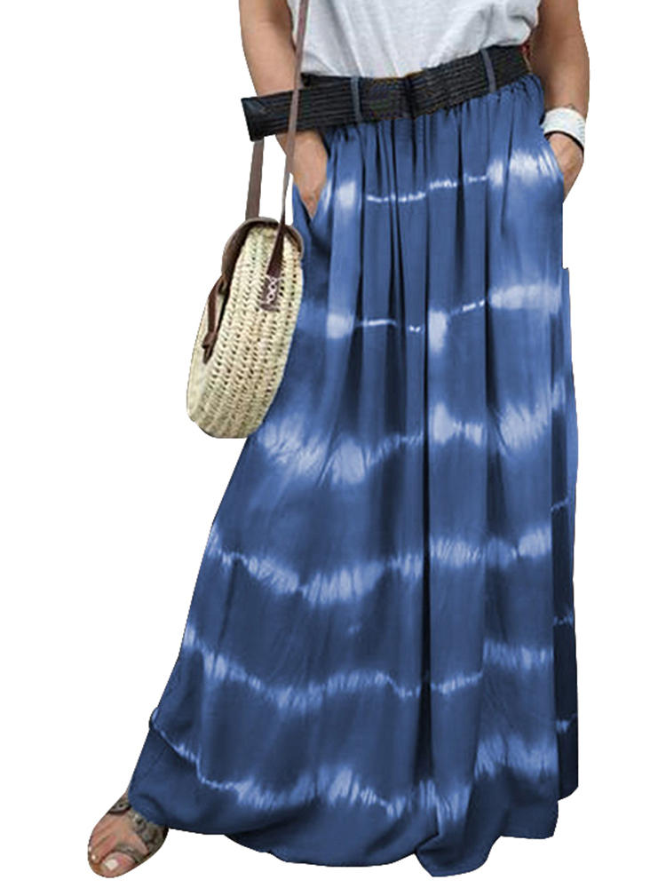 Women Casual Striped Loose Elastic Waist Side Pockets Skirts
