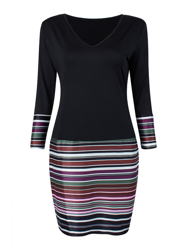 Sexy Women Patchwork V Neck Three Quarter Sleeve Bodycon Dress