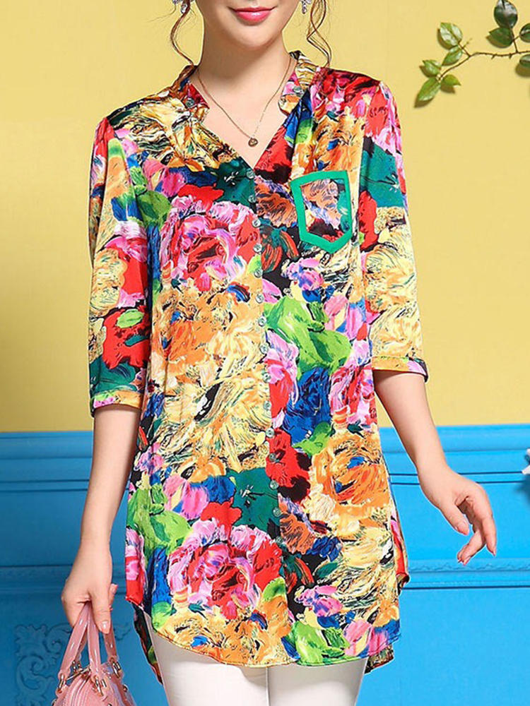 Women Art Print Stand Collar V-Neck Button Half Sleeve Blouse