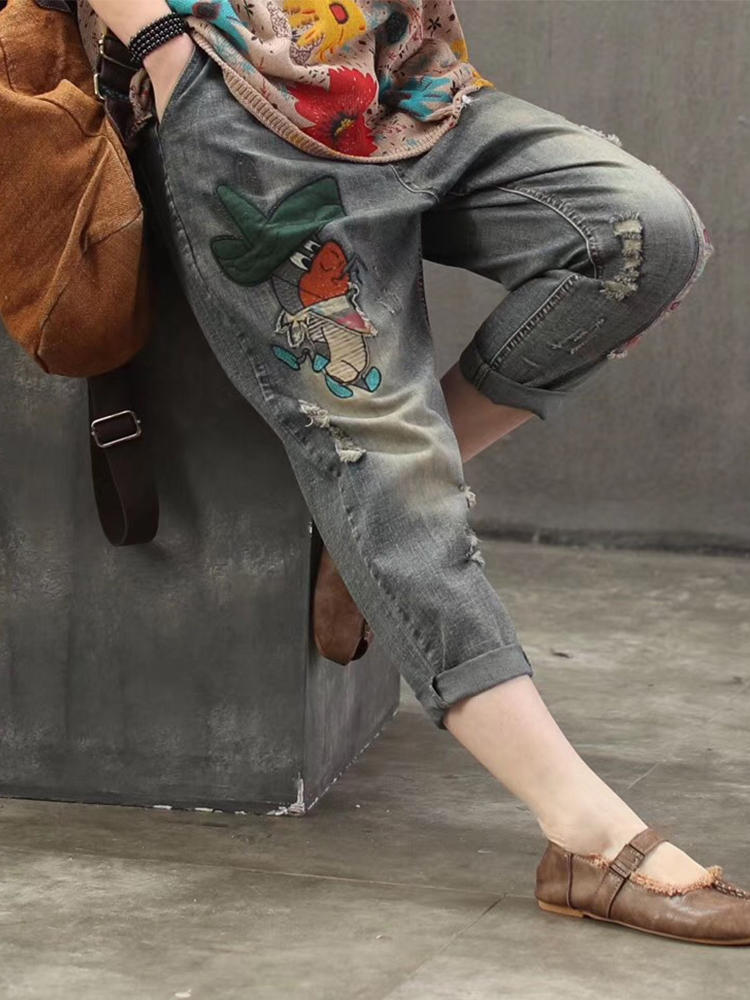 Casual Animal Patch Pockets Elastic Waist Denim Jeans