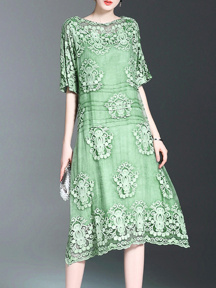 Elegant Floral Embroidery Loose Half Sleeve Mid-long Dress