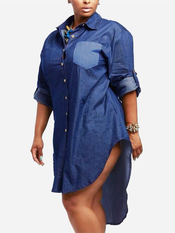 Women Buttons Down Asymmetrical Casual Shirt Denim Mini Dress