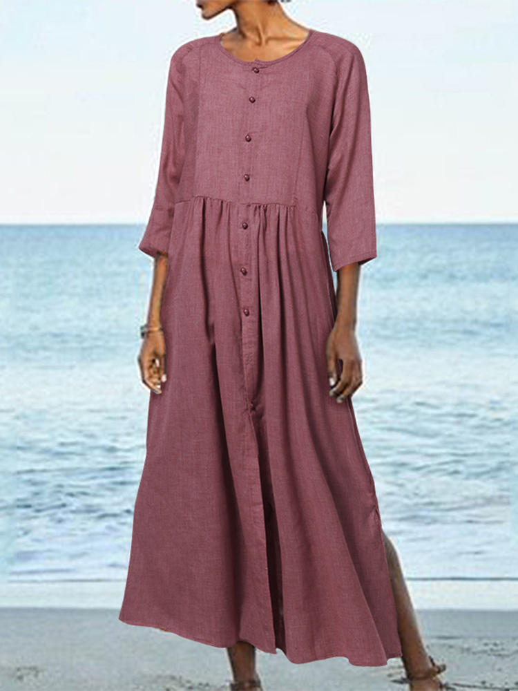 Pure Color O-neck Button 3/4 Sleeve Long Shirt Maxi Dress
