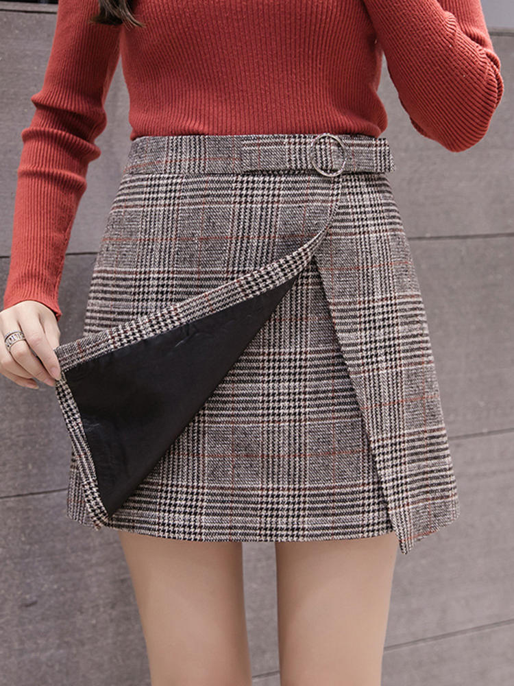 High Waist Plaid A-line Thick Woolen Skirts