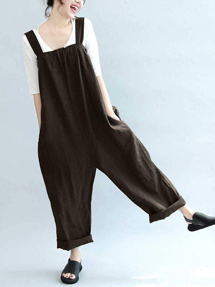 Women Sleeveless Strappy Cotton Pure Color Long Jumpsuit